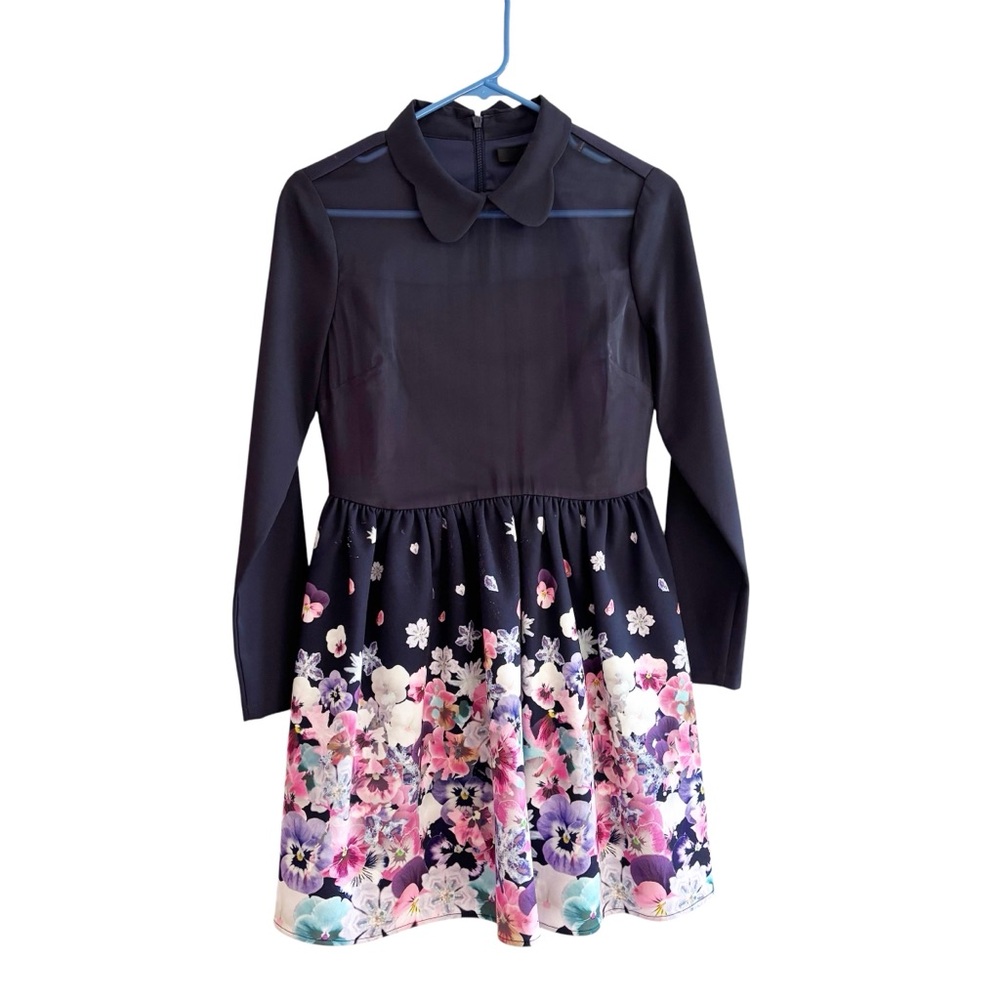 Floral Long Sleeve Midi Dress with Sheer Top